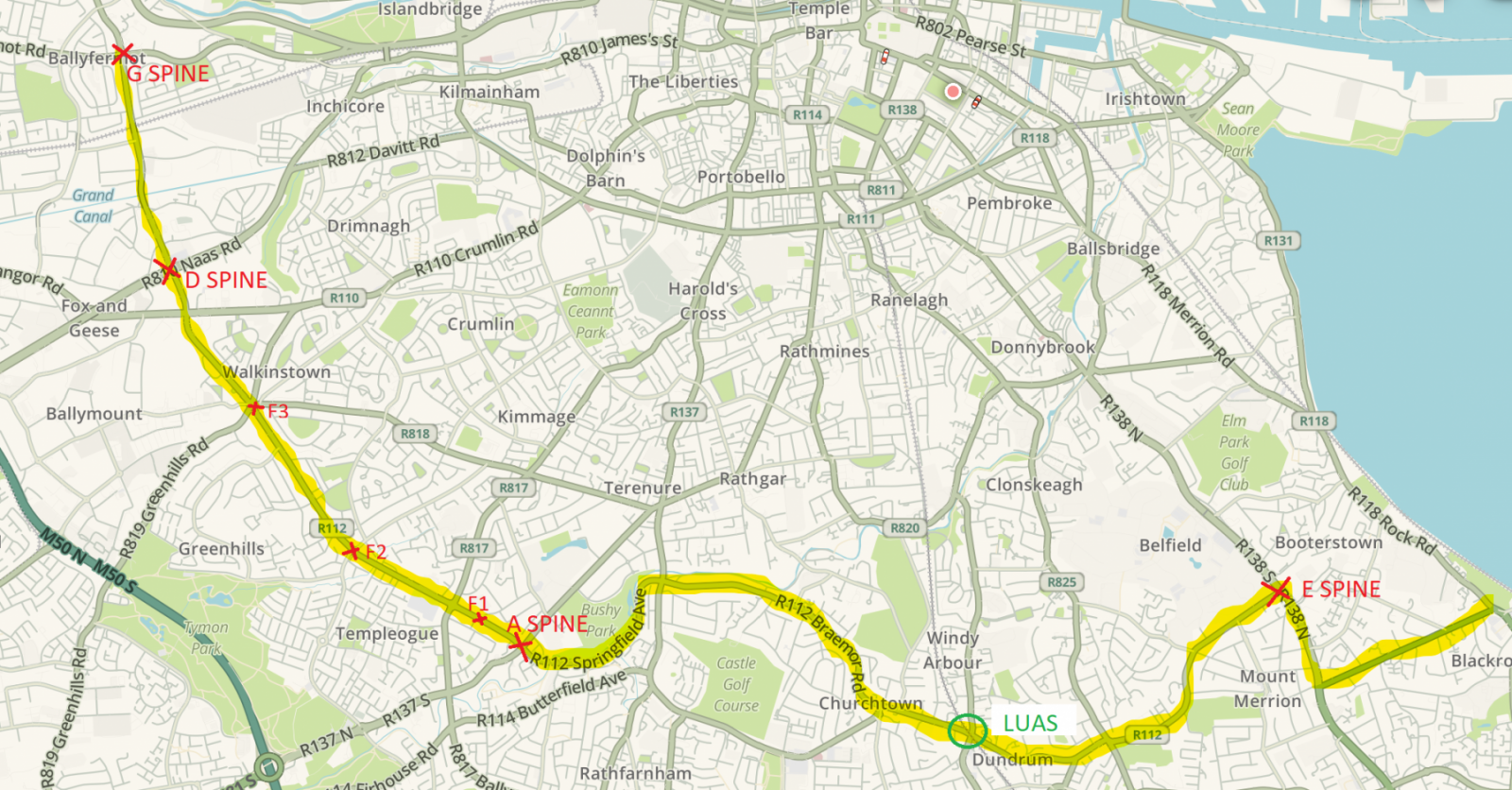 R112 orbital bus route line from Blackrock to Walkinstown